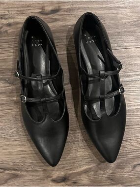 a new day Black Dual-Strap Pointed Mary Jane Flats